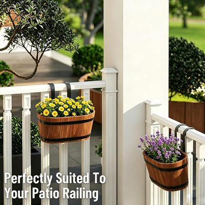 2-Pack Wooden Railing Planters, Hanging Flower Pots with Detachable Hooks for Balcony, Fence, Deck, Garden & Country Home Decor, Brown