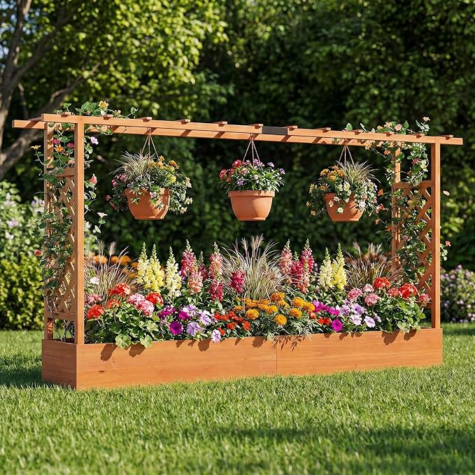 Giantex Wooden Raised Garden Bed with Trellis & Hanging Roof, 2 Pack Fir Wood Planter Box, 45” Freestanding Elevated Garden Bed for Outdoor Climbing Plants Vegetables Flowers, Patio & Balcony, Orange