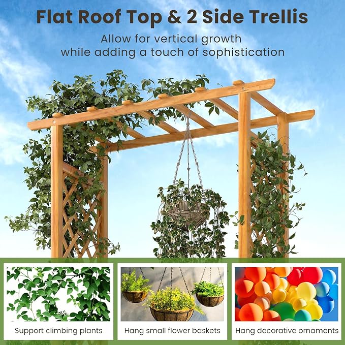 S AFSTAR Wooden Raised Garden Bed with Trellis, 70" Elevated Planter Box with Hanging Roof & Open-Ended Base for Climbing Vine Flower Herb Vegetable, Outdoor Plant Container for Patio & Yard