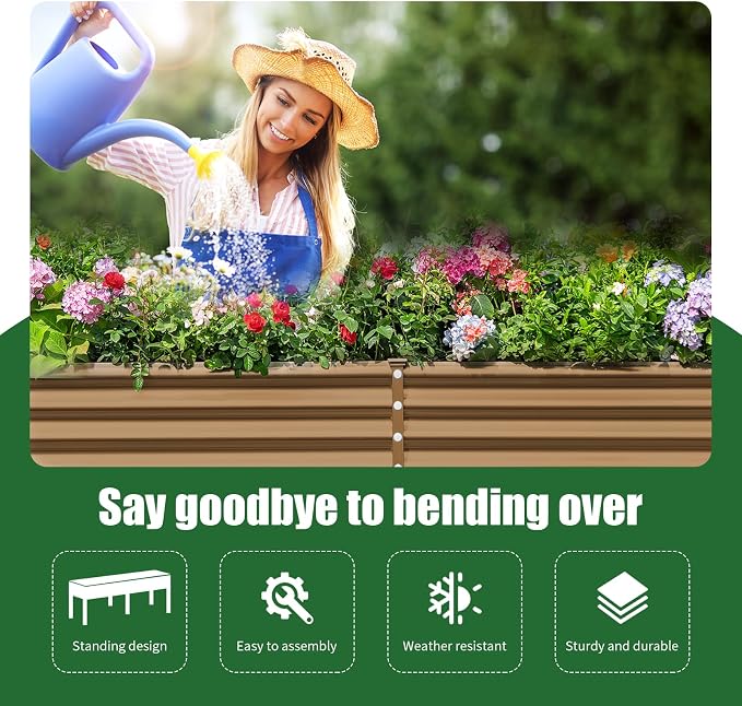Land Guard Galvanized Raised Garden Bed with Legs, 96×24×32in Raised Garden Beds Outdoor with Drainage Holes, Planter Boxes Outdoor for Backyard, Patio, Balcony, 1200lb Capacity, Brown