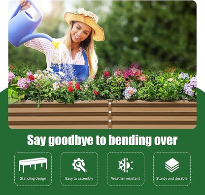 Land Guard Galvanized Raised Garden Bed with Legs, 96×24×32in Raised Garden Beds Outdoor with Drainage Holes, Planter Boxes Outdoor for Backyard, Patio, Balcony, 1200lb Capacity, Brown