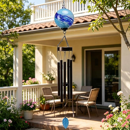 MUMTOP Solar Wind Chime for Outsides, 35" Glass Windchimes with Solar LED Lights Decorative Hanging Wind Bell for Porch Patio and Garden Decor, Blue