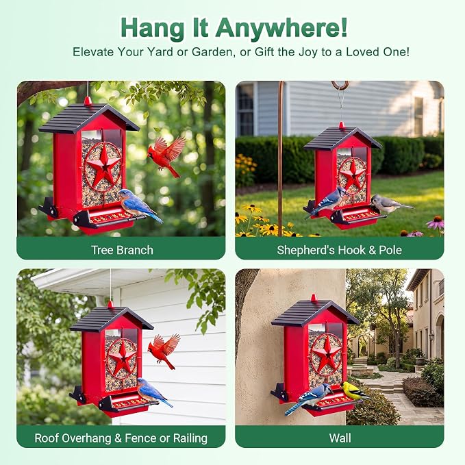 Squirrel Proof Bird Feeders for Outdoors with Weight-Activated, Metal 5LB Large Wild Bird Feeders for Cardinals,Blue Jay,Finch, Weatherproof Durable Hanging Bird Feeder for Backyard,Garden (Red)
