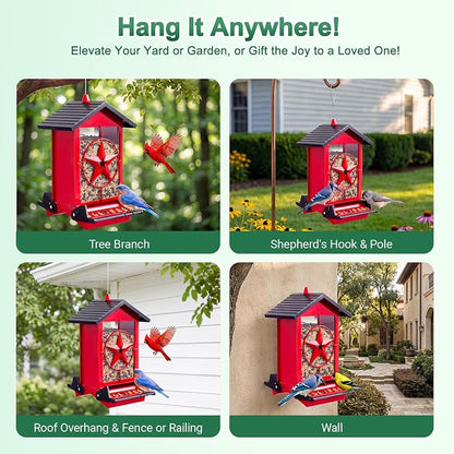 Squirrel Proof Bird Feeders for Outdoors with Weight-Activated, Metal 5LB Large Wild Bird Feeders for Cardinals,Blue Jay,Finch, Weatherproof Durable Hanging Bird Feeder for Backyard,Garden (Red)