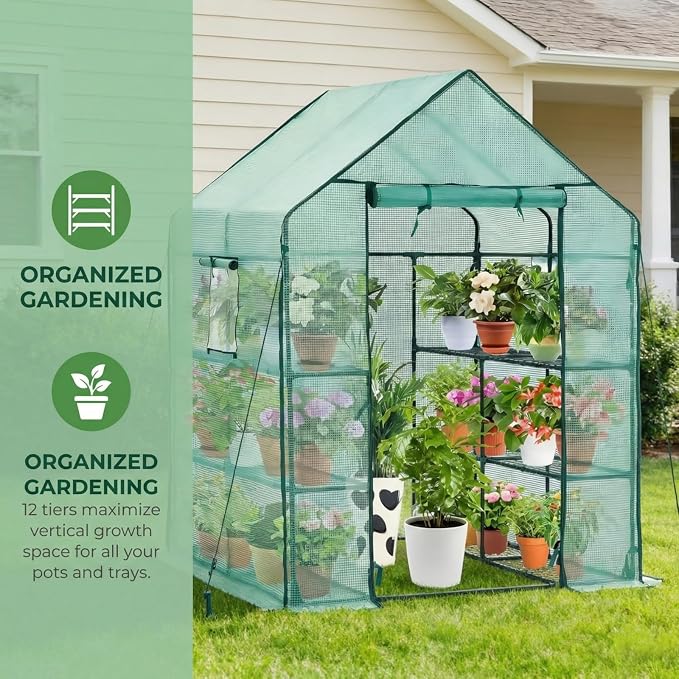 Walk-in Greenhouse with 12 Shelves, 74 x 37 x 49 inch Portable Greenhouse Kit with PVC Cover, Indoor Outdoor Green House for Seed Starting, Plants, Patio, Backyard, Clear Panels, Green