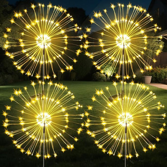 JJGoo Solar Firework Lights, 4 Pack 120 LEDs 2 Lighting Modes Solar Garden Lights Outdoor Waterproof for Yard Patio Walkway Pathway Party Wedding Christmas Decorative - Warm White