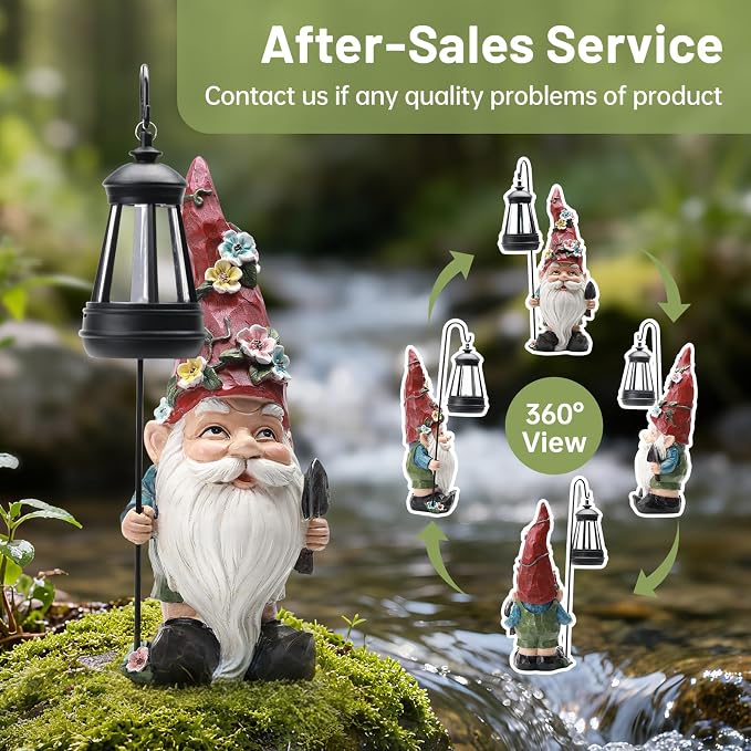 Garden Gnomes Statue with Solar Lantern, Outdoor Gnome Decorations for Yard, Outdoor Figurine Ornament with LED Lights for Patio Lawn, Mother's Day Birthday Gift for Women Mom Grandma