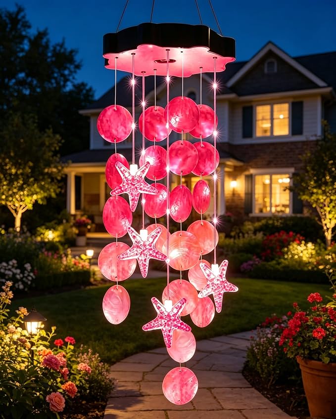 Toodour Solar Wind Chimes for Outside, Shells Light Gifts for Mom Grandma Women Wife Girls, Waterproof Solar Outdoor Decorative Mobile Light for Holiday Garden Porch Yard Outdoor Decor (Pink)