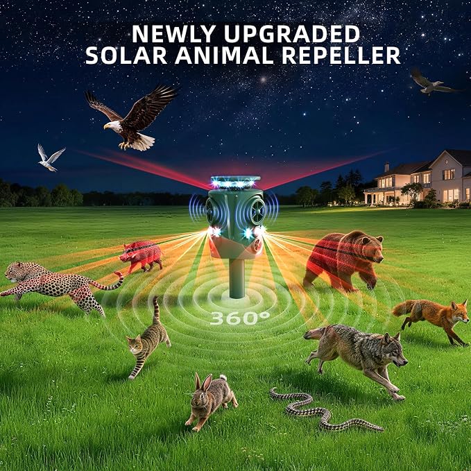 Solar Ultrasonic Animal Repeller Outdoor: 360° Motion Activated Animal Deterrent, Solar Powered Dog Cat Raccoon Deer Squirrel Repellent, Waterproof IP66 PIR Sensor for Yard Garden Farm