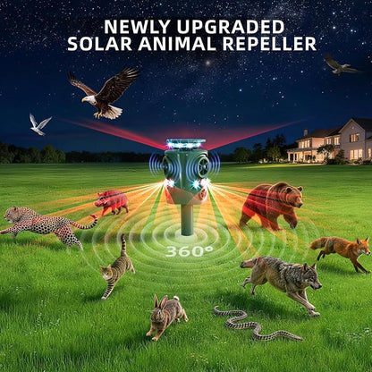 Solar Ultrasonic Animal Repeller Outdoor: 360° Motion Activated Animal Deterrent, Solar Powered Dog Cat Raccoon Deer Squirrel Repellent, Waterproof IP66 PIR Sensor for Yard Garden Farm