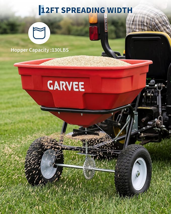 Tow Behind Broadcast Spreader, 125 LBS Large Capacity Universal Hook Tow & Push Lawn Spreader, 9.8 ft Spreading Width 30 Adjustable Settings, Compatible with UTV ATV Riding Mower & Most Tractors