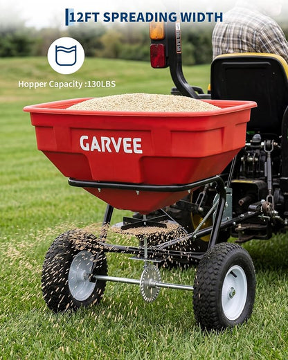 Tow Behind Broadcast Spreader, 125 LBS Large Capacity Universal Hook Tow & Push Lawn Spreader, 9.8 ft Spreading Width 30 Adjustable Settings, Compatible with UTV ATV Riding Mower & Most Tractors