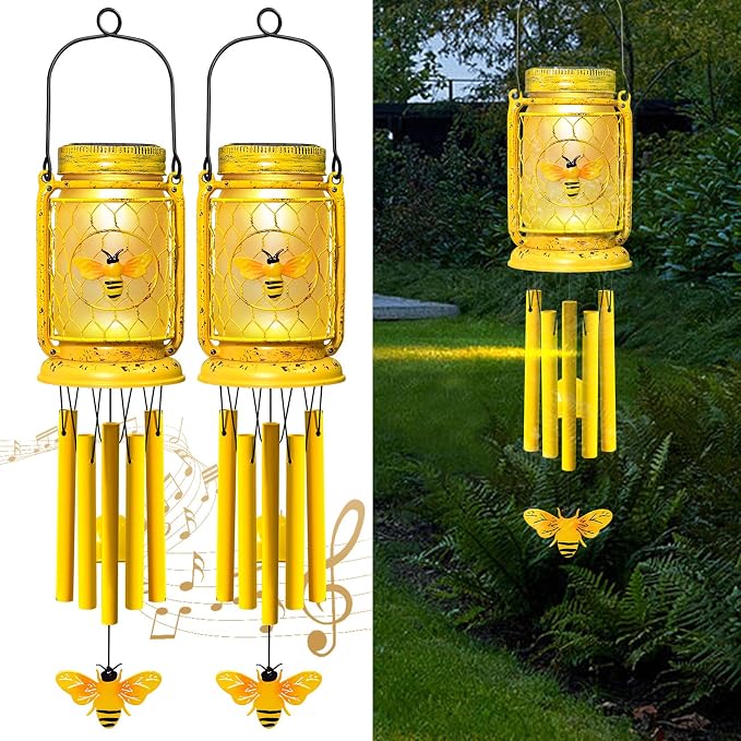 2 Pack Solar Bee Wind Chimes for Outside for Mom Women Grandma,Solar Bee Mason Jar Wind Chime Light Unique Hanging Wind Chimes Outdoor,IP65 Waterproof, for Yard Garden Terrace