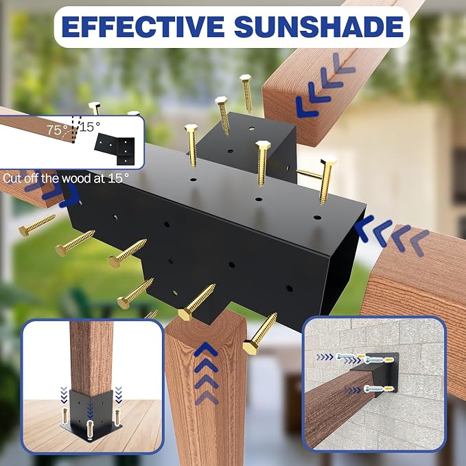 Pergola Kit, 15° 4-Way Slanted Roof Pergola Bracket Set, PowderCoated Roof Wall Mount Pergola Brackets 4" x 4" (Actual: 3.5x3.5 Inch), Pergola Hardware for Porch Gazebo Backyard (3 pcs), Black