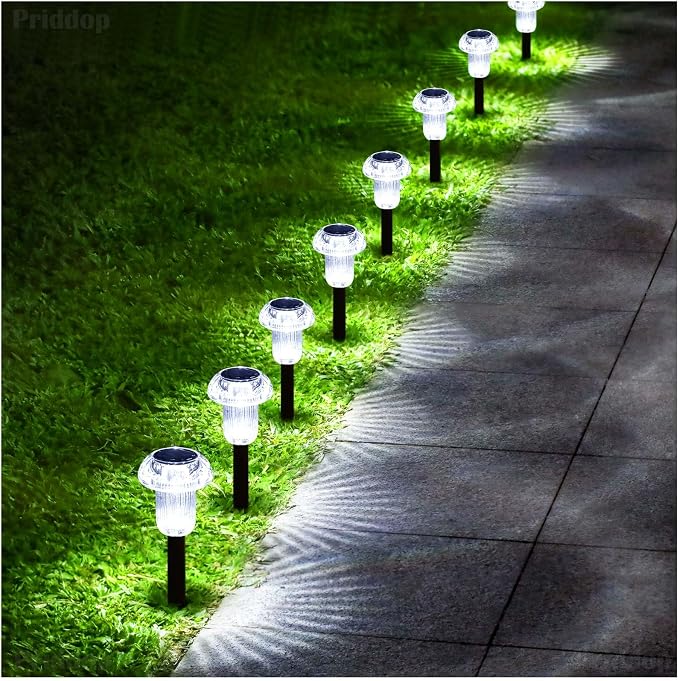 Priddop Pathway Solar Lights Outdoor Waterproof 6000K Cold White LED 8 Pack | Mushroom Yard Garden Decorative Driveway Walkway Outside Patio Replaceable Battery Acrylic ABS Stake Landscape Path Lights