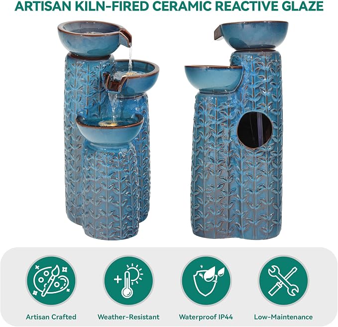 28" H Ceramic Outdoor Water Fountain with LED Lights, 3-Tier Cascading Bowls Water Feature, Tranquil Waterfall for Relaxing Garden, Patio, Yard, or Porch, Turquoise, Embossed Leaf Patterns