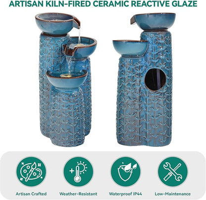 28" H Ceramic Outdoor Water Fountain with LED Lights, 3-Tier Cascading Bowls Water Feature, Tranquil Waterfall for Relaxing Garden, Patio, Yard, or Porch, Turquoise, Embossed Leaf Patterns
