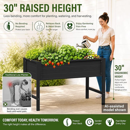 YEFU 48" Raised Garden Bed with Legs, HIPS Outdoor Garden Bed, Black | Raised Garden Bed with Legs for Patios & Decks, 30" Height, Wood-Look HIPS, Drainage, 385 lbs Support for Vegetables & Herbs