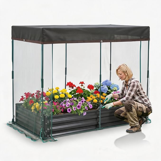 8x4x1Ft Galvanized Raised Garden Bed Kit w/Self Watering Irrigation & Mesh Cover, Metal Bottomless Raised Planter Box for Veggies Herbs Flowers, Rustproof Elevated Garden Bed Backyard Patio Farm