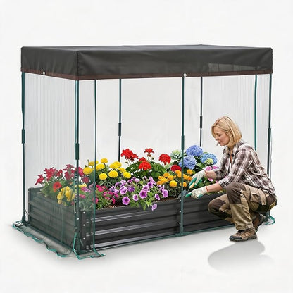 8x4x1Ft Galvanized Raised Garden Bed Kit w/Self Watering Irrigation & Mesh Cover, Metal Bottomless Raised Planter Box for Veggies Herbs Flowers, Rustproof Elevated Garden Bed Backyard Patio Farm