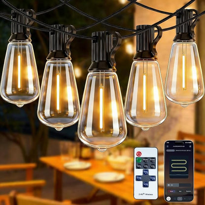 LumBelle Smart Outdoor String Lights, 50FT ST38 LED Patio Lights with Timer Remote APP Control, 22 Shatterproof LED Bulbs (2 Spare), Dimmable Waterproof Hanging Light for Backyard Porch Party Decor
