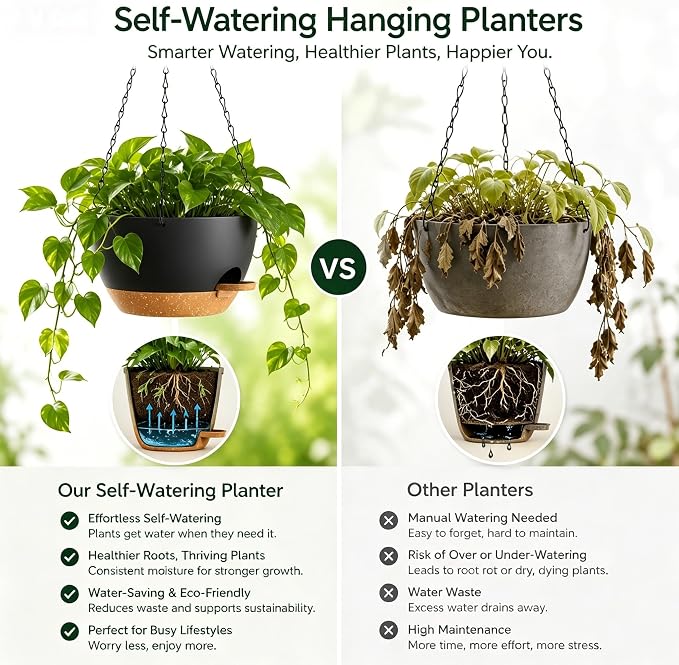 12 Inch Self Watering Hanging Planters 2 Pack, Black Brown | Plastic planters with drainage holes and saucers. Suitable for indoor, outdoor, kitchen, balcony and garden plant decor.