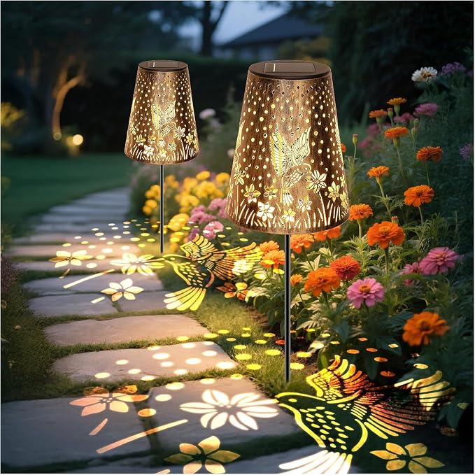 Solar Pathway Lights Outdoor, LED Bright Metal Retro Waterproof, Outside Decorative Hummingbird Lanterns Solar Powered for Path Lawn Patio Yard Walkway (Hummingbird 2P)