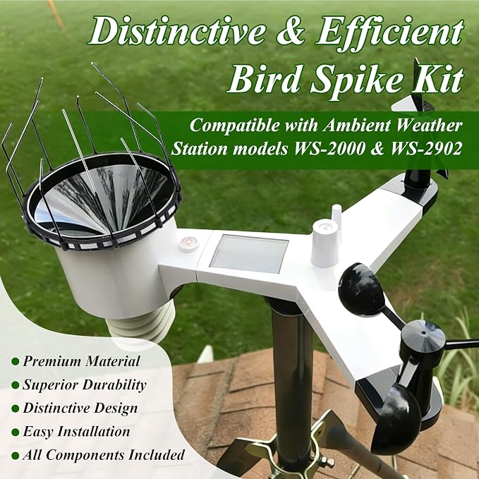 Bird Spikes Compatible with Ambient Weather WS-2902 & WS-2000, Adjustable Weather Station Bird Spike Kit with Stainless Steel Locking Ties and Wires for Gauge Rain Funnel Protection