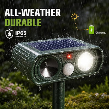 4 Pack New Solar Animal Repellent Ultrasonic Outdoor for Cats Squirrels Racoons Rabbits Foxs Dogs Deer Repellent Devices with Motion Sensor & Flash Light,IP65 Waterproof Animal Deterrent for Garden
