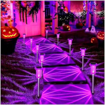 DenicMic Solar Halloween Lights Outdoor 15 Pack Purple LED Halloween Decor | Yard Garden Pathway Walkway Driveway Landscape Spike Style Starburst Light Pattern, IP65 Waterproof, Acrylic/Stainless Steel