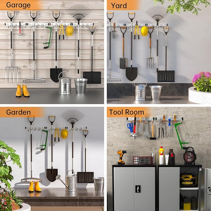 HUPBIPY 34.5'' Aluminum Alloy Garden Tool Organizer Wall Mount Garage Organizers and Storage with Hooks Tool Hangers for Shed Hooks for Shovel, Rake, Broom & More