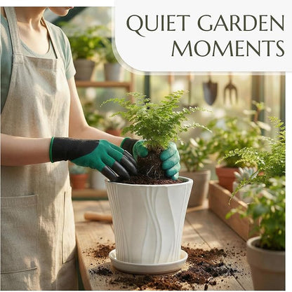 10 Inch Ceramic pots for Plants with Saucer Drainage Leak-Proof Mesh, Round Plant Pot with Gardening Gloves for Indoor Outdoor Plants (Rippled White)