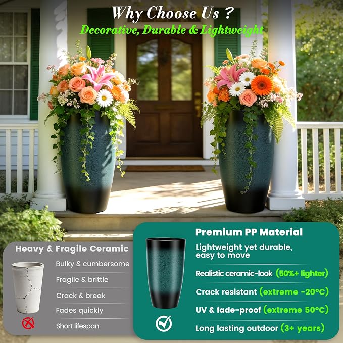 Autodaya 24" Gradient Teal Ceramic-Look Tall Planters Set of 2 | High-Density PP Pots With Drainage Hole for Indoor and Outdoor Plants, Patio, Garden, Porch, Living Room, or Gifting
