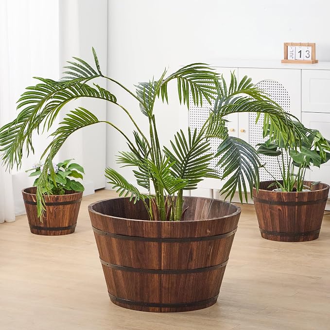 26-inch Wooden Barrel Planter, Perfect for Outdoor Plants, Whiskey-Style Garden Pot, Large Flower Container, Made of Sturdy Solid Wood, Suitable for Herbs, Succulents, and shrubs