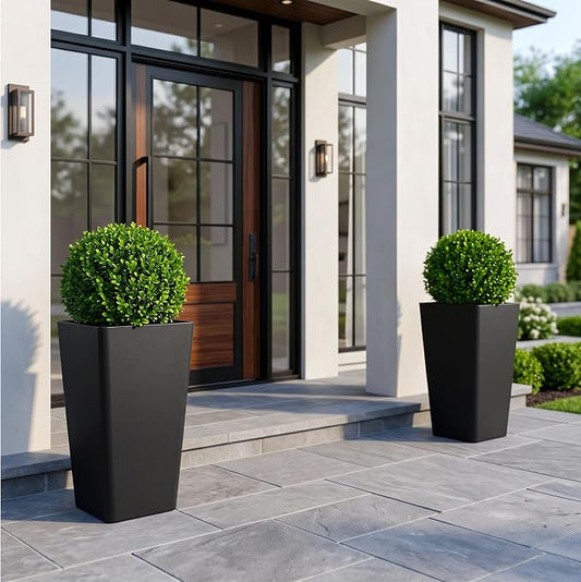 KOL Planters for Outdoor Plants, 20 Inch Tall Black Flower Pots 2 Pack, Large Plastic Plant Pots with Drainage Hole and Dual-Purpose Tray, Decorative Indoor Planter for Front Porch Patio Garden