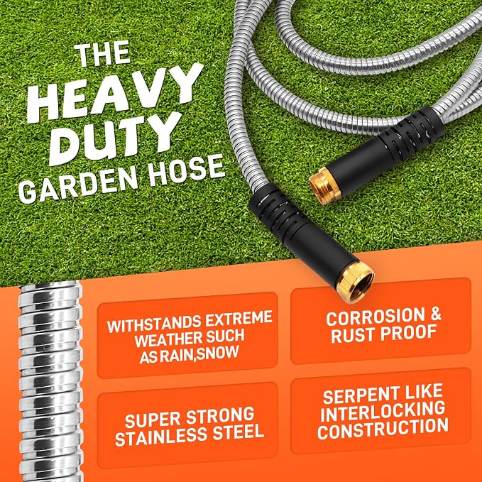 Besiter Garden Hose 75FT Stainless Steel Water Hose with 10 Functions Adjustable Spray Nozzle, Heavy-Duty Metal Garden Hose Flexible Durable No-Tangle & Kink Leak Dog Proof Hose for Yard Lawn(Orange)