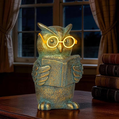 Reading Owl Statue with Solar Glasses Bronze Resin Garden Decoration Outdoor Figurine Light for Patio, Yard, Lawn, Housewarming Home Decor Gift for Women