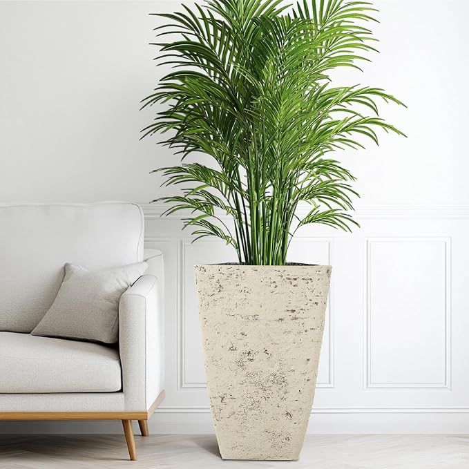 2-Pack 19" Country White Resin Square Planters with Drainage Hole | Set of 2 resin planters with weathered stone texture, drainage plugs, and UV-resistant finish for porch, patio, or indoors