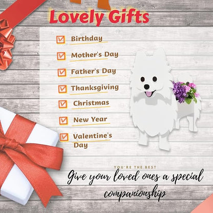 White Pomeranian Dog Planter Pots, 9.45 x 6.65 x 12.13 Inches | Dog Flower Pot, Cute Animal Shaped Plant Pot, Gifts for Women & Pet Lovers, Indoor Outdoor Garden Home Office Decor