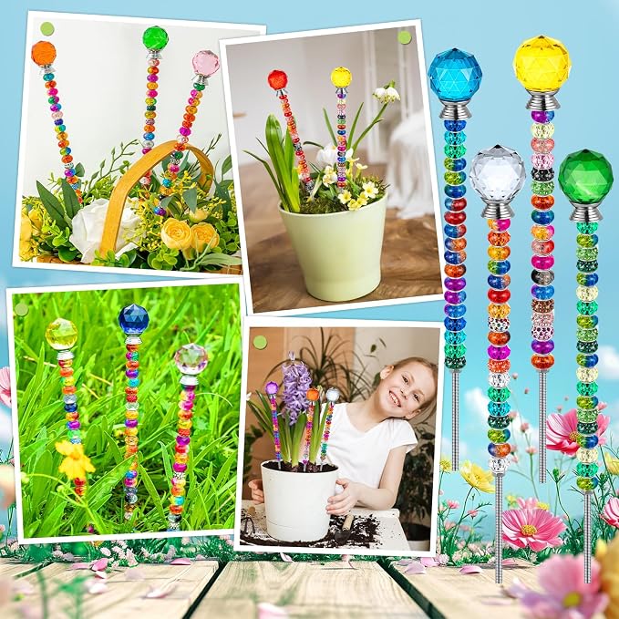 230 Pcs Beaded Garden Stakes DIY Fairy Wand Kit | 200 Colorful Assortment Round Large Hole Beads, 10 Round Stopper Top, 10 Threaded Rod & 10 Nuts, Outdoor Decoration