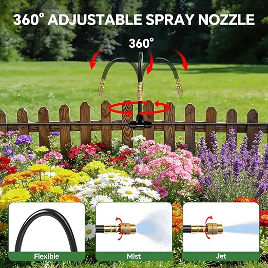 250FT Drip Irrigation System for Garden with 38pcs Adjustable Copper Nozzles & Emitters, Automatic Garden Watering System with 1/2" & 1/4" Tubing for Raised Bed, Yard, Greenhouse, Potted Plants, Lawn