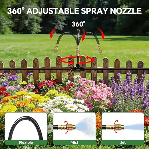 260FT Drip Irrigation System for Garden with 38pcs Adjustable Copper Nozzles & Emitters, Automatic Garden Watering System with 1/2" & 1/4" Tubing for Raised Bed, Yard, Greenhouse, Potted Plants, Lawn