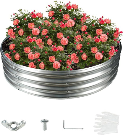 12 Inch Tall 48 Inch Diameter Round Silver Raised Garden Bed Kits Outdoor | 1 FT Tall,4 FT Planter Bed for Flowers,Herbs,Vegetables,Trees,0.8MM Thick Galvanized Metal Painted,with Gloves,Tool free