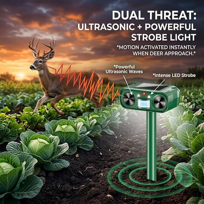 Solar Animal Repeller Outdoor, 4 Pack Ultrasonic Deterrent for Deer | Dual LED Flashing Lights, Motion Activated Deterrent, Garden,Yard&Farm Protection, 4 Pack Wider Coverage
