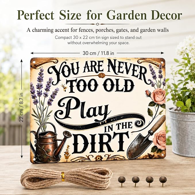 Vintage Garden Metal Sign, Funny Tin Wall Decor 8x12 In | vintage garden sign with rope, 4 pins and corner holes for patio, porch, fence, greenhouse and wall decor