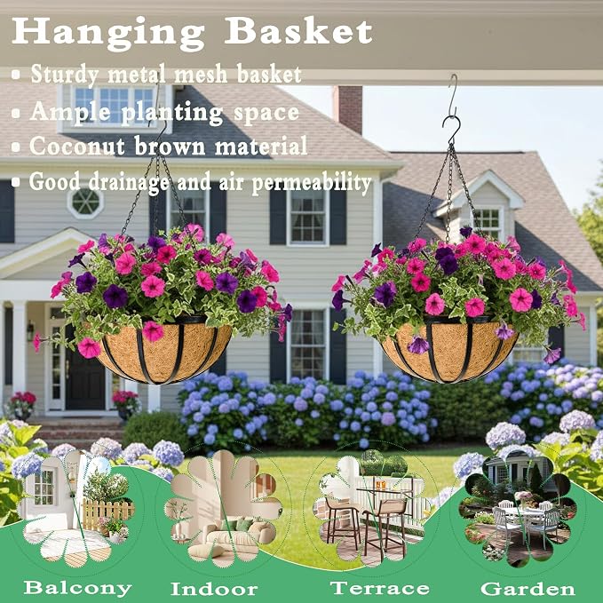 4 Pack 12 Inch Hanging Planters for Outdoor Plants Metal Hanging Planter Basket with Coco Coir Liner Round Plant Black Flat Iron Metal Flower Pots for Deck Patio Porch Garden Balcony