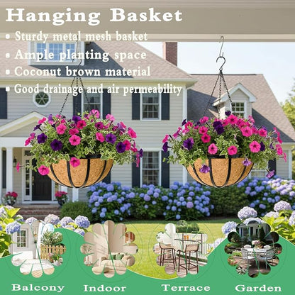2 Pack 12 Inch Hanging Planters for Outdoor Plants Metal Hanging Planter Basket with Coco Coir Liner Round Plant Black Flat Iron Metal Flower Pots for Deck Patio Porch Garden Balcony