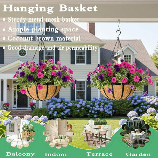 4 Pack 14 Inch Hanging Planters for Outdoor Plants Metal Hanging Planter Basket with Coco Coir Liner Round Plant Black Flat Iron Metal Flower Pots for Deck Patio Porch Garden Balcony