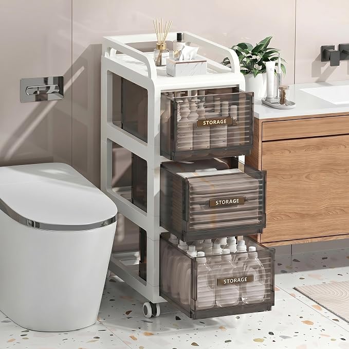 Bathroom Storage with Drawers, 11.8" Wide Wide Slim Storage Cabinet with Wheels for Small Spaces, Narraw Cart for Kitchen Office Bedroom Dinning Room Under Desk, 29.7" Tall