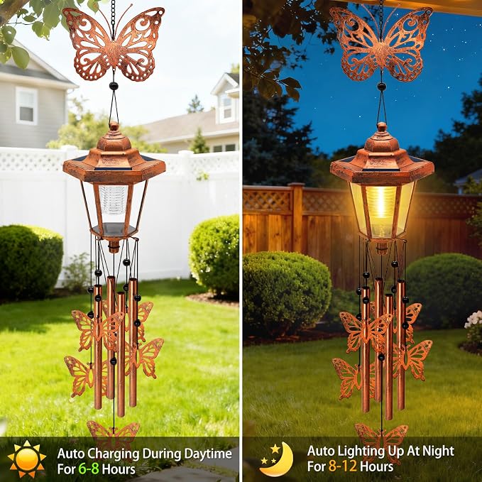 2 Pack Solar Butterfly Wind Chimes, Gifts for Women Mom Grandma Wife Sister Daughter Neighbor, Classic Bronze Wind Chimes With Wind Catcher Solar Decor Light For Outdoor Garden Patio Yard Porch Window